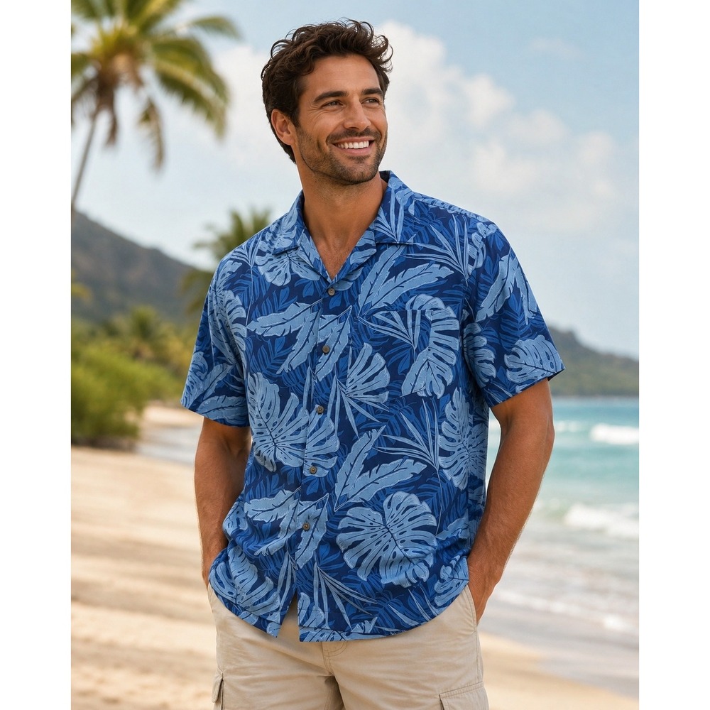 Croft & Barrow Mens Blue Tropical Monstera Leaf Rayon Hawaiian Camp Shirt M
